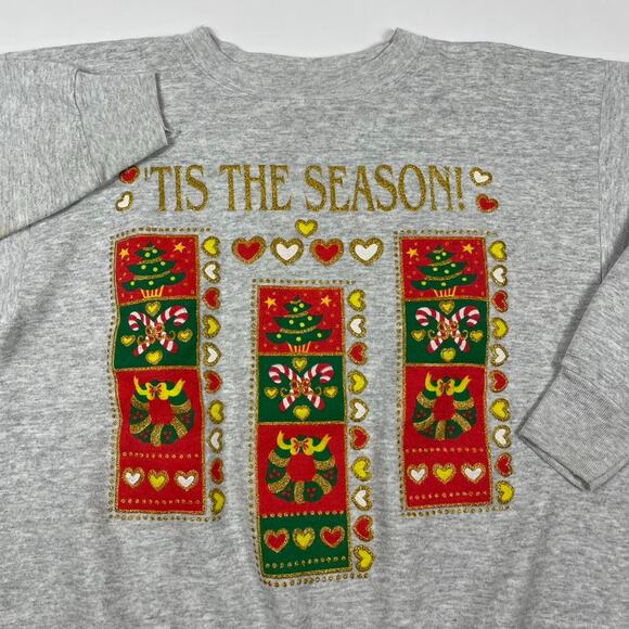 Vintage Christmas Tis The Season Candy Cane Gray Crewneck Sweatshirt Size XL - Picture 2 of 8